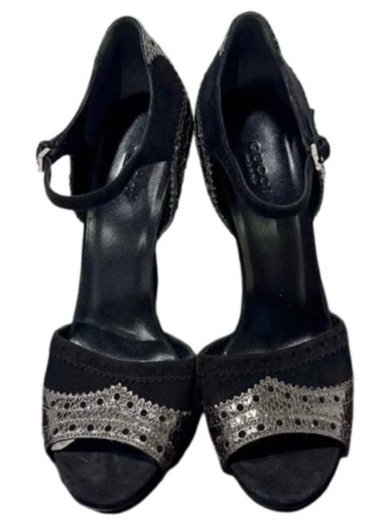 Gucci Shoes - Gucci Black Suede Metallic Python Brogue Ankle Strap Heels 39